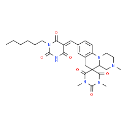 ChemSpider 2D Image | 8-[(E)-(1-Hexyl-2,4,6-trioxotetrahydro-5(2H)-pyrimidinylidene)methyl]-1',3,3'-trimethyl-2,3,4,4a-tetrahydro-1H,2'H,6H-spiro[pyrazino[1,2-a]quinoline-5,5'-pyrimidine]-2',4',6'(1'H,3'H)-trione | C29H36N6O6