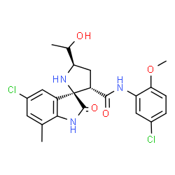 ChemSpider 2D Image | (3R,3'S,5'R)-5-Chloro-N-(5-chloro-2-methoxyphenyl)-5'-[(1R)-1-hydroxyethyl]-7-methyl-2-oxo-1,2-dihydrospiro[indole-3,2'-pyrrolidine]-3'-carboxamide | C22H23Cl2N3O4