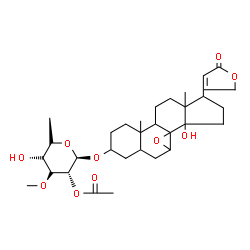 ChemSpider 2D Image | 3-[(2-O-Acetyl-6-deoxy-3-O-methyl-alpha-L-mannopyranosyl)oxy]-14-hydroxy-7,8-epoxycard-20(22)-enolide | C32H46O10