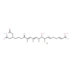 ChemSpider 2D Image | (2E,6E,11E,13E)-18-(2,6-Dioxo-4-piperidinyl)-9-hydroxy-8-methoxy-10,12,14-trimethyl-15-oxo-2,6,11,13-octadecatetraenoic acid | C27H39NO7