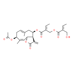 ChemSpider 2D Image | (2E)-2-({[(3aR,4R,6E,9S,10Z,11aS)-9-Acetoxy-6,10-dimethyl-3-methylene-2-oxo-2,3,3a,4,5,8,9,11a-octahydrocyclodeca[b]furan-4-yl]oxy}carbonyl)-2-buten-1-yl (2E)-2-(hydroxymethyl)-2-butenoate | C27H34O9