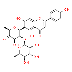 ChemSpider 2D Image | (6S)-2,6-Anhydro-1-deoxy-5-O-(6-deoxy-alpha-L-mannopyranosyl)-6-[5,7-dihydroxy-2-(4-hydroxyphenyl)-4-oxo-4H-chromen-6-yl]-L-xylo-hex-3-ulose | C27H28O13