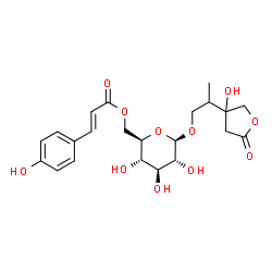 ChemSpider 2D Image | 2-(3-Hydroxy-5-oxotetrahydro-3-furanyl)propyl 6-O-[(2E)-3-(4-hydroxyphenyl)-2-propenoyl]-beta-D-glucopyranoside | C22H28O11