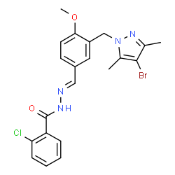 ChemSpider 2D Image | N'-[(E)-{3-[(4-Bromo-3,5-dimethyl-1H-pyrazol-1-yl)methyl]-4-methoxyphenyl}methylene]-2-chlorobenzohydrazide | C21H20BrClN4O2