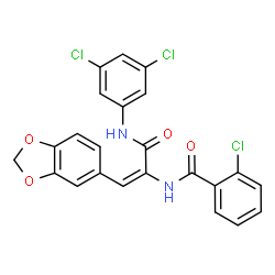 ChemSpider 2D Image | N-{(1E)-1-(1,3-Benzodioxol-5-yl)-3-[(3,5-dichlorophenyl)amino]-3-oxo-1-propen-2-yl}-2-chlorobenzamide | C23H15Cl3N2O4