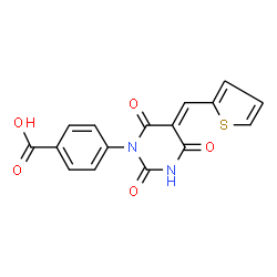 ChemSpider 2D Image | 4-[(5E)-2,4,6-Trioxo-5-(2-thienylmethylene)tetrahydro-1(2H)-pyrimidinyl]benzoic acid | C16H10N2O5S