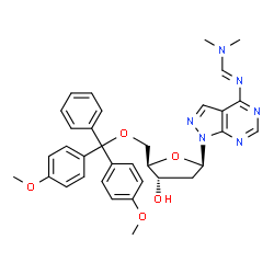 ChemSpider 2D Image | 1-{5-O-[Bis(4-methoxyphenyl)(phenyl)methyl]-2-deoxy-beta-D-erythro-pentofuranosyl}-4-{(E)-[(dimethylamino)methylene]amino}-1H-pyrazolo[3,4-d]pyrimidine | C34H36N6O5
