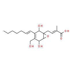 ChemSpider 2D Image | (2E)-4-{3-[(1E)-1-Hepten-1-yl]-2,5-dihydroxy-4-(hydroxymethyl)-7-oxabicyclo[4.1.0]hept-3-en-1-yl}-2-methyl-2-butenoic acid | C19H28O6