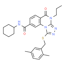 ChemSpider 2D Image | N-Cyclohexyl-1-[(2,5-dimethylbenzyl)sulfanyl]-5-oxo-4-propyl-4,5-dihydro[1,2,4]triazolo[4,3-a]quinazoline-8-carboxamide | C28H33N5O2S