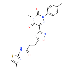 ChemSpider 2D Image | 3-{3-[4-Methyl-2-(4-methylphenyl)-3,5-dioxo-2,3,4,5-tetrahydro-1,2,4-triazin-6-yl]-1,2,4-oxadiazol-5-yl}-N-(4-methyl-1,3-thiazol-2-yl)propanamide | C20H19N7O4S