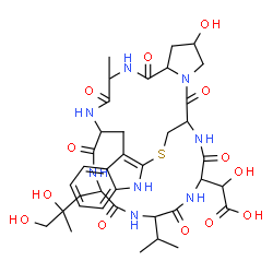 ChemSpider 2D Image | [28-(2,3-Dihydroxy-2-methylpropyl)-18-hydroxy-31-isopropyl-23-methyl-15,21,24,26,29,32,35-heptaoxo-12-thia-10,16,22,25,27,30,33,36-octaazapentacyclo[12.11.11.0~3,11~.0~4,9~.0~16,20~]hexatriaconta-3(11
),4,6,8-tetraen-34-yl](hydroxy)acetic acid | C37H50N8O13S