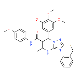 ChemSpider 2D Image | 2-(Benzylsulfanyl)-N-(4-methoxyphenyl)-5-methyl-7-(3,4,5-trimethoxyphenyl)-1,7-dihydro[1,2,4]triazolo[1,5-a]pyrimidine-6-carboxamide | C30H31N5O5S