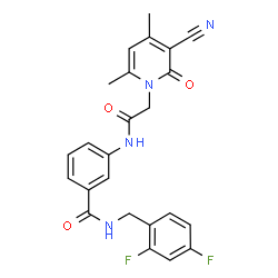 ChemSpider 2D Image | 3-{[(3-Cyano-4,6-dimethyl-2-oxo-1(2H)-pyridinyl)acetyl]amino}-N-(2,4-difluorobenzyl)benzamide | C24H20F2N4O3