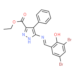 ChemSpider 2D Image | Ethyl 5-[(E)-(3,5-dibromo-2-hydroxybenzylidene)amino]-4-phenyl-1H-pyrazole-3-carboxylate | C19H15Br2N3O3