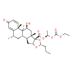 ChemSpider 2D Image | (1S)-1-[(Ethoxycarbonyl)oxy]ethyl (4aS,5S,6aS,6bS,8R,9aR,10aS,10bS,12S)-4b,12-difluoro-5-hydroxy-4a,6a-dimethyl-2-oxo-8-propyl-2,4a,4b,5,6,6a,9a,10,10a,10b,11,12-dodecahydro-6bH-naphtho[2',1':4,5]inde
no[1,2-d][1,3]dioxole-6b-carboxylate | C29H38F2O9