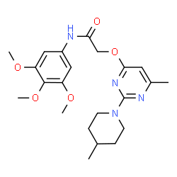 ChemSpider 2D Image | 2-{[6-Methyl-2-(4-methyl-1-piperidinyl)-4-pyrimidinyl]oxy}-N-(3,4,5-trimethoxyphenyl)acetamide | C22H30N4O5