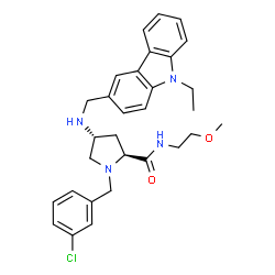 ChemSpider 2D Image | (4R)-1-(3-Chlorobenzyl)-4-{[(9-ethyl-9H-carbazol-3-yl)methyl]amino}-N-(2-methoxyethyl)-L-prolinamide | C30H35ClN4O2