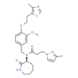 ChemSpider 2D Image | N-{3-Methoxy-4-[2-(4-methyl-1,3-thiazol-5-yl)ethoxy]benzyl}-3-(3-methyl-1H-pyrazol-1-yl)-N-[(3S)-2-oxo-3-azepanyl]propanamide | C27H35N5O4S
