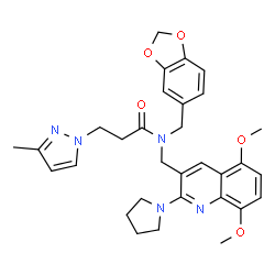 ChemSpider 2D Image | N-(1,3-Benzodioxol-5-ylmethyl)-N-{[5,8-dimethoxy-2-(1-pyrrolidinyl)-3-quinolinyl]methyl}-3-(3-methyl-1H-pyrazol-1-yl)propanamide | C31H35N5O5