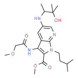 ChemSpider 2D Image | Methyl 5-[(3-hydroxy-3-methyl-2-butanyl)amino]-3-[(methoxyacetyl)amino]-1-(3-methylbutyl)-1H-pyrrolo[2,3-b]pyridine-2-carboxylate | C22H34N4O5