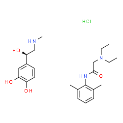 ChemSpider 2D Image | N-(2,6-Dimethylphenyl)-N~2~,N~2~-diethylglycinamide - 4-[(1R)-1-hydroxy-2-(methylamino)ethyl]-1,2-benzenediol hydrochloride (1:1:1) | C23H36ClN3O4
