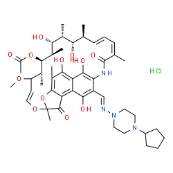ChemSpider 2D Image | 2,7-(epoxy[1,11,13]pentadecatrienoimino)naphtho[2,1-b]furan-1,11(2H)-dione, 21-(acetyloxy)-8-[(E)-[(4-cyclopentyl-1-piperazinyl)imino]methyl]-5,6,9,17,19-pentahydroxy-23-methoxy-2,4,12,16,18,20,22-heptamethyl-, (12Z,14E,16S,17S,18R,19R,20R,21S,22R,24E)-, hydrochloride (1:1) | C47H65ClN4O12