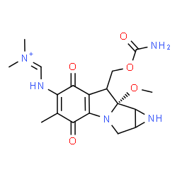 ChemSpider 2D Image | (E)-({(8aR)-8-[(Carbamoyloxy)methyl]-8a-methoxy-5-methyl-4,7-dioxo-1,1a,2,4,7,8,8a,8b-octahydroazireno[2',3':3,4]pyrrolo[1,2-a]indol-6-yl}imino)-N,N-dimethylmethanaminium | C18H24N5O5