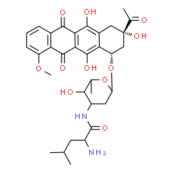 ChemSpider 2D Image | (1S,3S)-3-Acetyl-3,5,12-trihydroxy-10-methoxy-6,11-dioxo-1,2,3,4,6,11-hexahydro-1-tetracenyl 2,3,6-trideoxy-3-(leucylamino)hexopyranoside | C33H40N2O11
