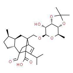 ChemSpider 2D Image | (4R,5R,8R)-2-{[(6-Deoxy-3,4-O-isopropylidene-beta-D-allopyranosyl)oxy]methyl}-9-formyl-13-isopropyl-5-methyltetracyclo[7.4.0.0~2,11~.0~4,8~]tridec-12-ene-1-carboxylic acid | C29H42O8