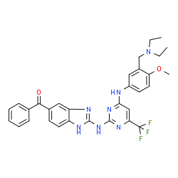 ChemSpider 2D Image | (2-{[4-({3-[(Diethylamino)methyl]-4-methoxyphenyl}amino)-6-(trifluoromethyl)-2-pyrimidinyl]amino}-1H-benzimidazol-5-yl)(phenyl)methanone | C31H30F3N7O2