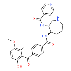 ChemSpider 2D Image | N-[(4R)-4-{[4-(2-Fluoro-6-hydroxy-3-methoxybenzoyl)benzoyl]amino}-3-azepanyl]isonicotinamide | C27H27FN4O5