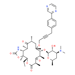 ChemSpider 2D Image | (3aS,4R,7R,9R,10R,11S,13R,15R,15aR)-4-Ethyl-3a,7,9,11,13,15-hexamethyl-2,6,8,14-tetraoxo-11-({4-[4-(2-pyrazinyl)phenyl]-2-butyn-1-yl}oxy)tetradecahydro-2H-oxacyclotetradecino[4,3-d][1,3]oxazol-10-yl 3
,4,6-trideoxy-3-(dimethylamino)-beta-D-xylo-hexopyranoside | C44H60N4O10