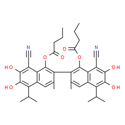 ChemSpider 2D Image | 8,8'-Dicyano-6,6',7,7'-tetrahydroxy-5,5'-diisopropyl-3,3'-dimethyl-2,2'-binaphthalene-1,1'-diyl dibutanoate | C38H40N2O8