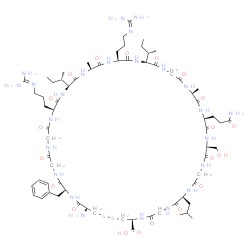 ChemSpider 2D Image | (4S,10S,16S,19S,22S,28S,31S,34S,37S,40S,49S,52S)-52-Amino-19-(3-amino-3-oxopropyl)-49-benzyl-28,37-di[(2S)-2-butanyl]-31,40-bis(3-carbamimidamidopropyl)-16-(hydroxymethyl)-10-isobutyl-22,34-dimethyl-6
,9,12,15,18,21,24,27,30,33,36,39,42,45,48,51-hexadecaoxo-1,2-dithia-5,8,11,14,17,20,23,26,29,32,35,38,41,44,47,50-hexadecaazacyclotripentacontane-4-carboxylic acid | C69H114N24O20S2
