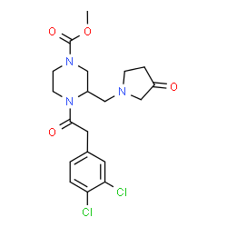 ChemSpider 2D Image | Methyl 4-[(3,4-dichlorophenyl)acetyl]-3-[(3-oxo-1-pyrrolidinyl)methyl]-1-piperazinecarboxylate | C19H23Cl2N3O4
