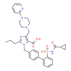 ChemSpider 2D Image | 1-({2'-[(Cyclopropylcarbonyl)sulfamoyl]-4-biphenylyl}methyl)-2-propyl-4-{[4-(2-pyridinyl)-1-piperazinyl]methyl}-1H-imidazole-5-carboxylic acid | C34H38N6O5S