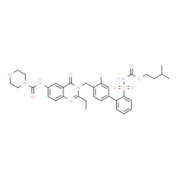 ChemSpider 2D Image | 3-Methylbutyl {[4'-({2-ethyl-6-[(4-morpholinylcarbonyl)amino]-4-oxo-3(4H)-quinazolinyl}methyl)-3'-fluoro-2-biphenylyl]sulfonyl}carbamate | C34H38FN5O7S