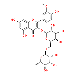 ChemSpider 2D Image | 5,7-Dihydroxy-2-(4-hydroxy-3-methoxyphenyl)-4-oxo-4H-chromen-3-yl 6-O-(6-deoxy-alpha-L-mannopyranosyl)-alpha-D-gulopyranoside | C28H32O16