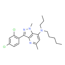 ChemSpider 2D Image | 3-(2,4-Dichlorophenyl)-1,5-dimethyl-N-pentyl-N-propyl-1H-pyrazolo[4,3-b]pyridin-7-amine | C22H28Cl2N4