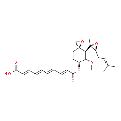 ChemSpider 2D Image | (2E,4E,6E,8E)-10-({(3R,4S,5S,6S)-5-Methoxy-4-[(3S)-2-methyl-3-(3-methyl-2-buten-1-yl)-2-oxiranyl]-1-oxaspiro[2.5]oct-6-yl}oxy)-10-oxo-2,4,6,8-decatetraenoic acid | C26H34O7