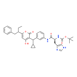 ChemSpider 2D Image | Nalpha-(tert-butoxycarbonyl)-N-(3-{cyclopropyl[4-hydroxy-2-oxo-6-(1-phenylbutan-2-yl)-2H-pyran-3-yl]methyl}phenyl)-L-histidinamide | C36H42N4O6