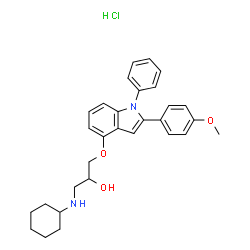 ChemSpider 2D Image | 1-(Cyclohexylamino)-3-{[2-(4-methoxyphenyl)-1-phenyl-1H-indol-4-yl]oxy}-2-propanol hydrochloride (1:1) | C30H35ClN2O3