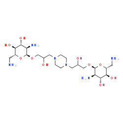 ChemSpider 2D Image | 3-(4-{3-[(2,6-Diamino-2,6-dideoxy-alpha-D-glucopyranosyl)oxy]-2-hydroxypropyl}-1-piperazinyl)-2-hydroxypropyl 2,6-diamino-2,6-dideoxy-alpha-D-glucopyranoside | C22H46N6O10
