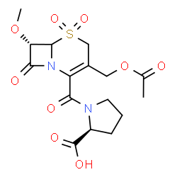 ChemSpider 2D Image | 1-{[(7S)-3-(Acetoxymethyl)-7-methoxy-5,5-dioxido-8-oxo-5-thia-1-azabicyclo[4.2.0]oct-2-en-2-yl]carbonyl}-L-proline | C16H20N2O9S