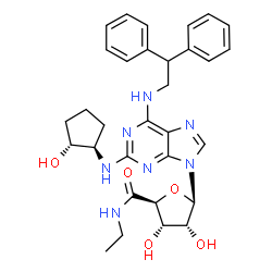 ChemSpider 2D Image | (2S,3S,4R,5R)-5-(6-[(2,2-Diphenylethyl)amino]-2-{[(1R,2R)-2-hydroxycyclopentyl]amino}-9H-purin-9-yl)-N-ethyl-3,4-dihydroxytetrahydro-2-furancarboxamide | C31H37N7O5