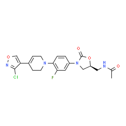 ChemSpider 2D Image | N-{[(5S)-3-{4-[4-(3-Chloro-1,2-oxazol-4-yl)-3,6-dihydro-1(2H)-pyridinyl]-3-fluorophenyl}-2-oxo-1,3-oxazolidin-5-yl]methyl}acetamide | C20H20ClFN4O4