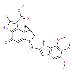 ChemSpider 2D Image | Methyl (3bR)-2-methyl-8-oxo-6-[(5,6,7-trimethoxy-1H-indol-2-yl)carbonyl]-1,4,4a,5,6,8-hexahydrocyclopropa[c]pyrrolo[3,2-e]indole-3-carboxylate | C26H25N3O7