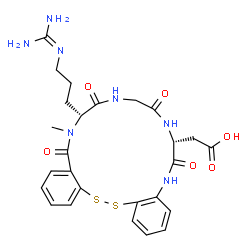 ChemSpider 2D Image | [(7R,13R)-13-(3-Carbamimidamidopropyl)-14-methyl-6,9,12,15-tetraoxo-6,7,8,9,10,11,12,13,14,15-decahydro-5H-dibenzo[c,p][1,2,5,8,11,14]dithiatetraazacycloheptadecin-7-yl]acetic acid | C26H31N7O6S2