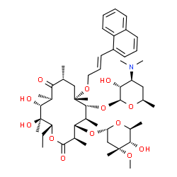 ChemSpider 2D Image | (3R,4S,5S,6R,7S,9R,11R,12R,13S,14R)-6-{[(2S,3R,4S,6R)-4-(Dimethylamino)-3-hydroxy-6-methyltetrahydro-2H-pyran-2-yl]oxy}-14-ethyl-12,13-dihydroxy-4-{[(2R,4R,5S,6S)-5-hydroxy-4-methoxy-4,6-dimethyltetra
hydro-2H-pyran-2-yl]oxy}-3,5,7,9,11,13-hexamethyl-7-{[(2E)-3-(1-naphthyl)-2-propen-1-yl]oxy}oxacyclotetradecane-2,10-dione | C50H77NO13