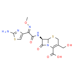 ChemSpider 2D Image | (7R)-7-{[(2E)-2-(2-Amino-1,3-thiazol-4-yl)-2-(methoxyimino)acetyl]amino}-3-(hydroxymethyl)-8-oxo-5-thia-1-azabicyclo[4.2.0]oct-2-ene-2-carboxylic acid | C14H15N5O6S2
